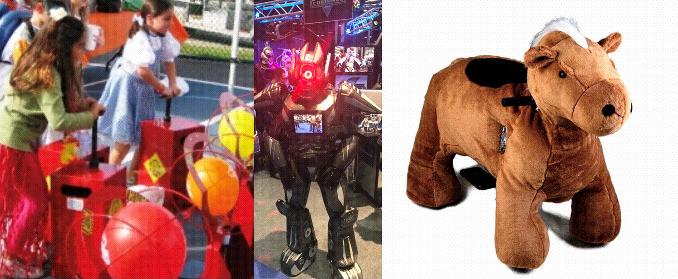 New York City party rental fun, balloon blast, robot costume, motorized plush horse